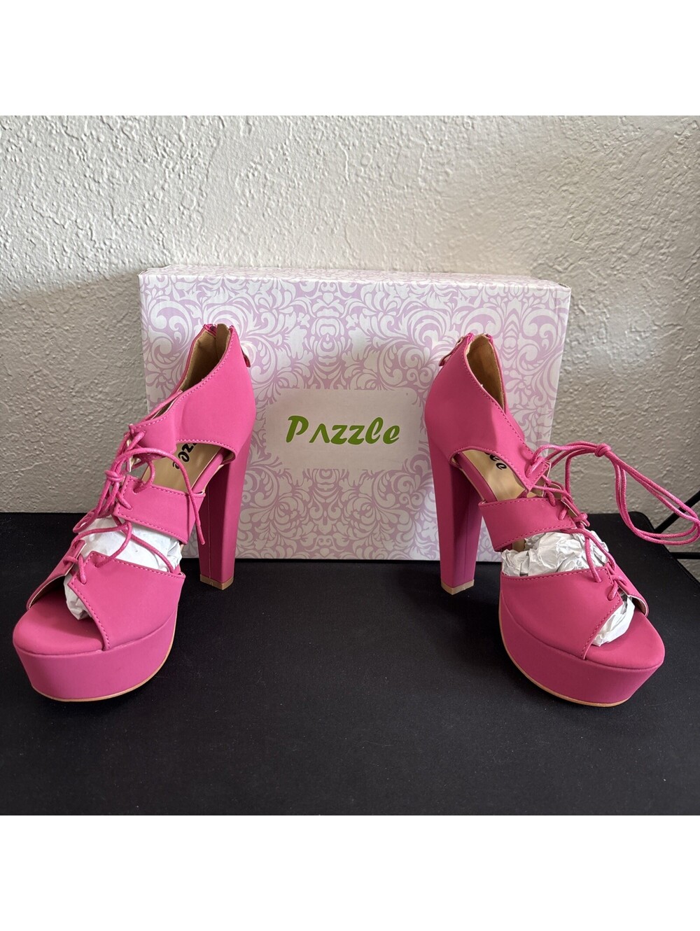 Pazzle Lyon 12 Fushia  Lace-Up Platform Heels Cutout Block Heel Sandals Size 6.5